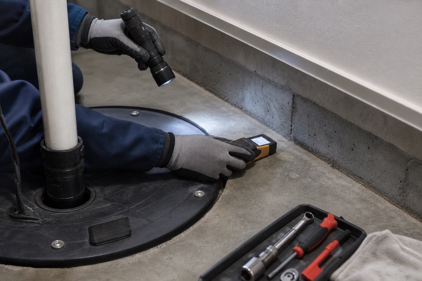 Illustrative inspection around a sump basin and foundation edge